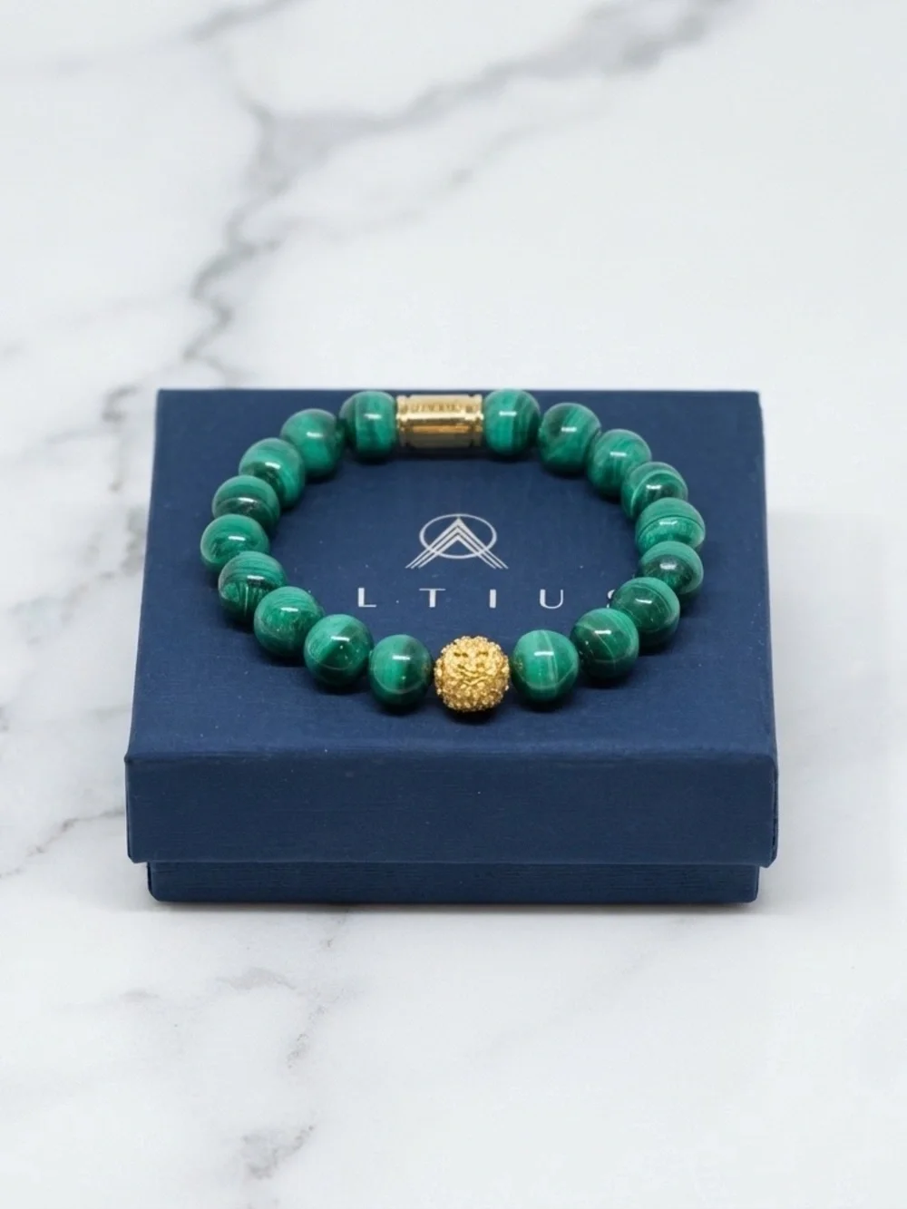 Altius Malachite & Gold Plated Ethiopian Bead Bracelet 10mm Handmade Stretch 7